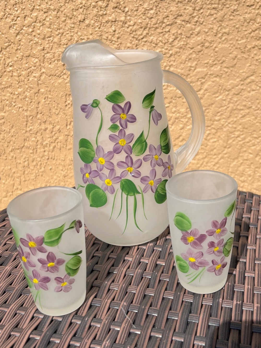 Vintage Frosted Glass Juice Set Pitcher  & And 2 Glasses MCM Hand Painted Purple